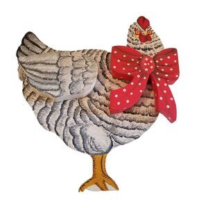 Vintage Chicken Broom Holder Wall Mount Hand Painted Gray Red Bow 3D